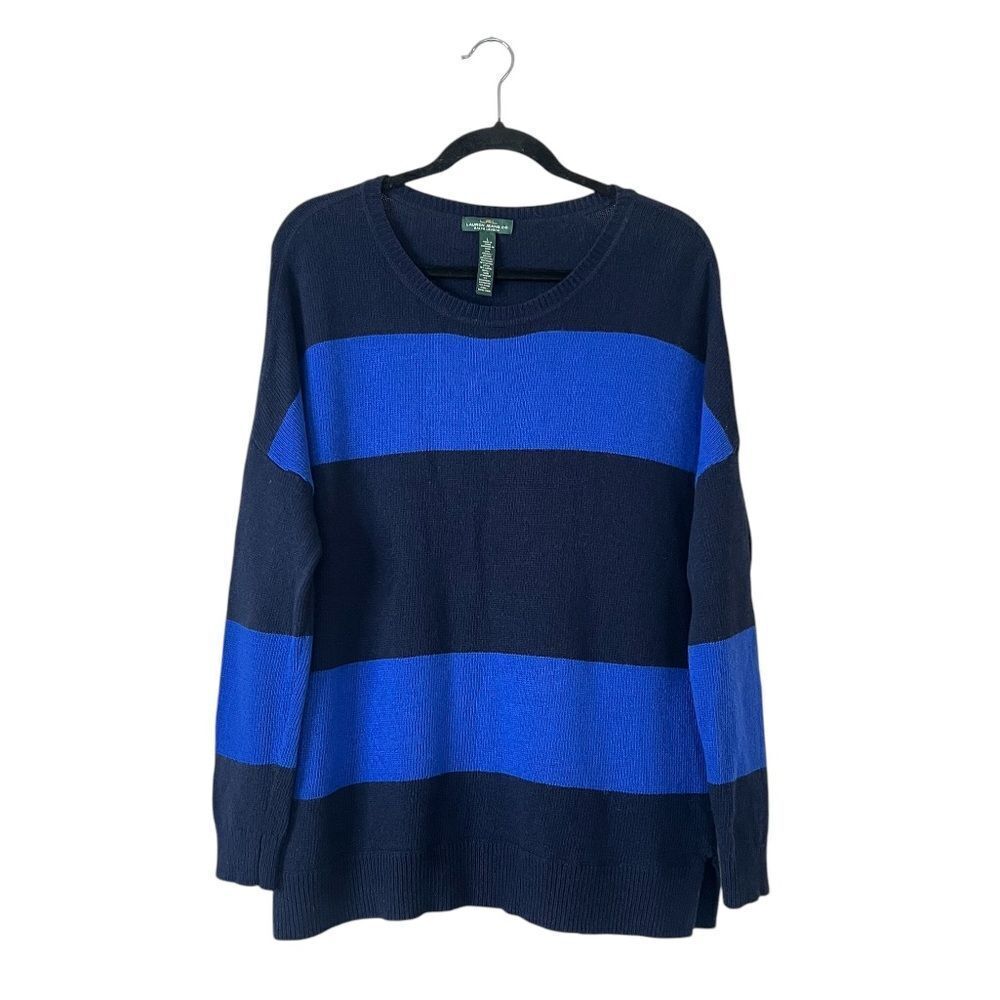 Lauren Ralph Lauren Navy and Royal Blue Striped Crewneck Sweater